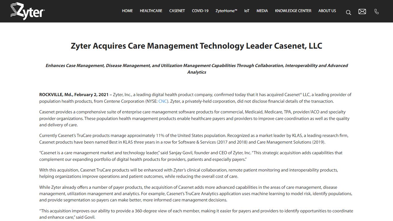 Zyter Acquires Care Management Technology Leader Casenet
